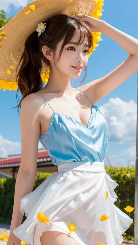 ( top quality, 32K,  high resolution, masterpiece:1.5, ),   beautiful Japanese girl ,  very beautiful face surrounded by colorful splashes ,  perfect human anatomy ,  Magical big eyes, smile,  glossy brown hair ,   beautiful side ponytail  ,  asymmetrical ...