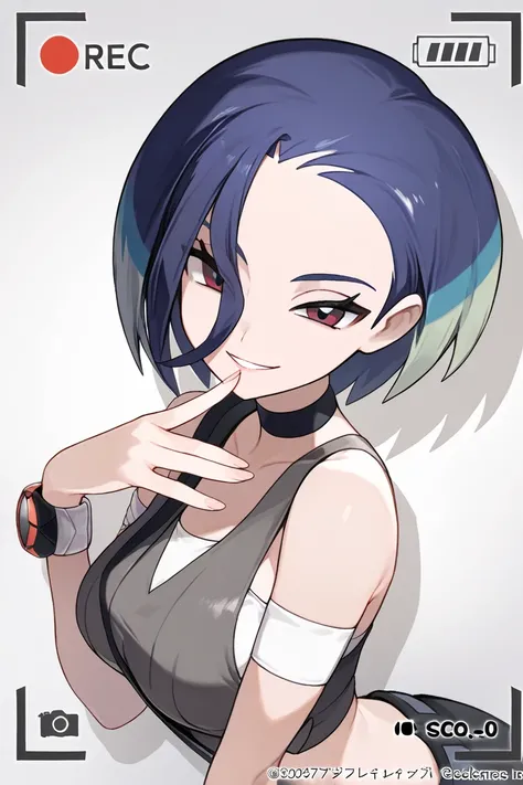 ,simple background, official art, (masterpiece, best quality, very aesthetic, newest),((Perrin(pokemon)), 黒いチョーカー,having SLRcamera,turime,only one Woman,seductive smile eyes,in pokemon SV art style,(ideal ratio body proportions),soft shadows,艶のある肌,Japanese...