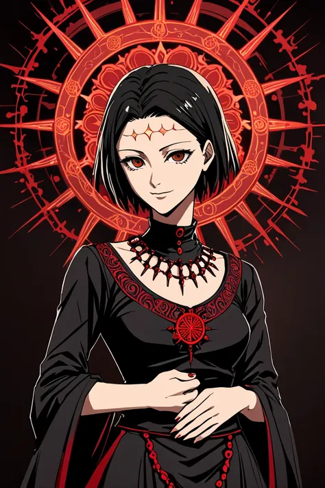 itadori kaori, anime jujutsu kaisen,  black hair,  short black hair ,  brown eyes,  medium tits,  detailed and beautiful eyes , elegant expression,  dark environment, obscure religious center ,  vibrant colors red and black , intricate red details,  black ...