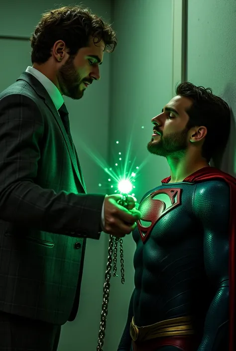 two men in a dramatic scene. The man on the left has curly hair and is wearing a checkered suit. He appears to be holding a chain with a glowing green emeralt object at the end, which is draped around the neck of the man on the right. The man on the right ...