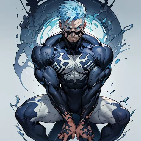 young muscular male, masterpiece, intricate details, upper body, best quality, eye focus, blue hair, manly, stubble, venom, blue symbiote costume,(emiya_shiro:1.2), 1boy, (symbiote full bodysuit:1.1), eye focus, face, detailed eyes, symbiote skintight, blu...