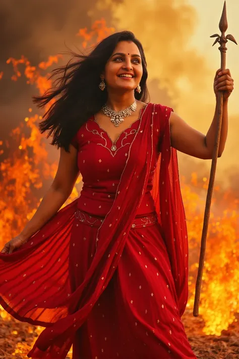 A 24-year-old woman wearing a red patiyala shut that covers her fully arms and body, with her dupatta flowing in the air and her long hair blowing in the wind, embodying the form of Durga. She holds Maa Durga's trident (Trishul) in her hand, appearing extr...