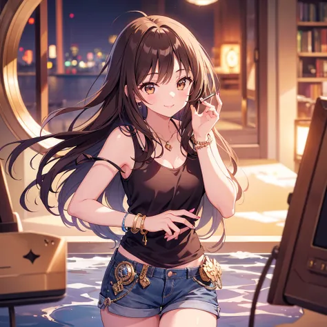 (masterpiece,  top quality,  Super Detail,  high resolution, 4K),( beautiful detailed eyes),( very elaborate face in a body of water),( 1 girl), high resolution, long hair,  shorts, Telephone,  brown eyes,  Hair, cellTelephone,  bracelet,   tank top in a d...