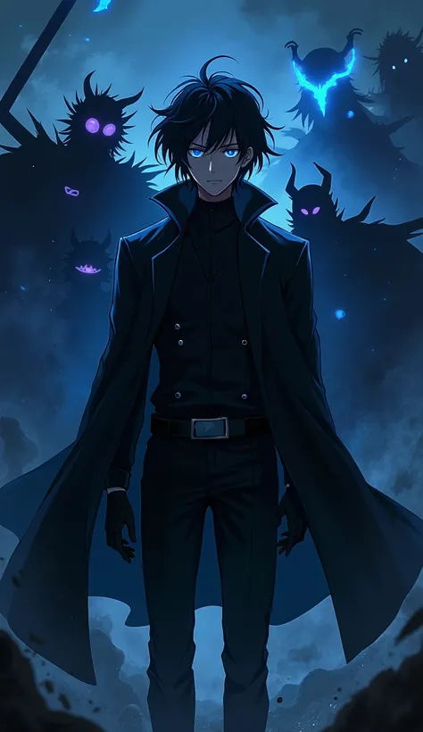 A powerful and mysterious young man with black hair and glowing blue eyes stands in a dark battlefield. He wears a sleek black trench coat, slightly open, revealing a fitted dark outfit underneath. His expression is calm yet intense, radiating confidence. ...