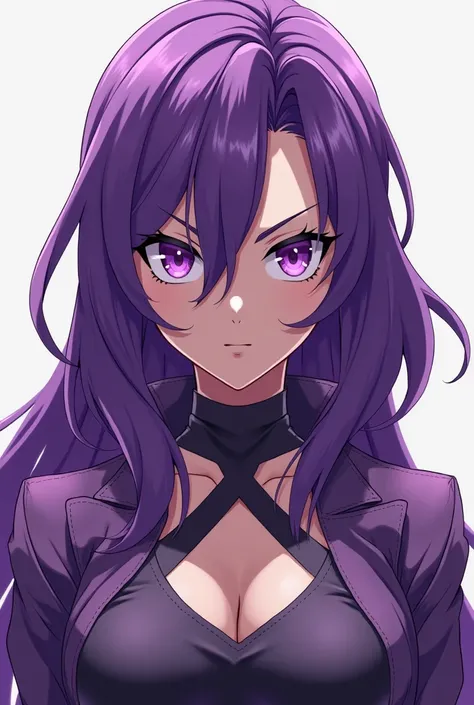 Can you draw a full body drawing of an anime girl with purple hair, purple eyes, dominant temper and clear body lines?