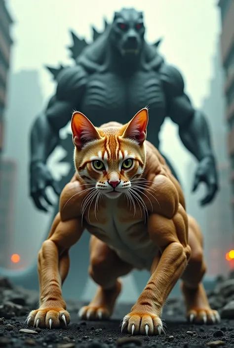 The cat became strong muscle after injection and ready to fight against Godzilla 