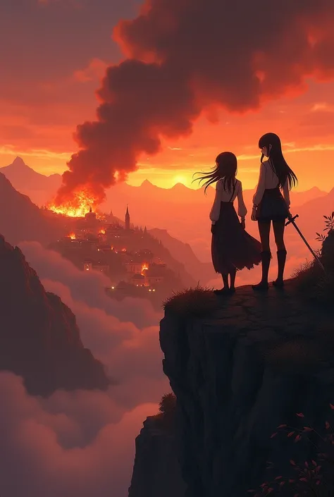 2 female characters on top of a very tall mountain, watching a village on fire, The first character is a 17-year-old ager with a. 90 tall, 65kg, Black hair like a very large abyss reaching up the ass and crimson eyes, Your dress is one from the war of the ...