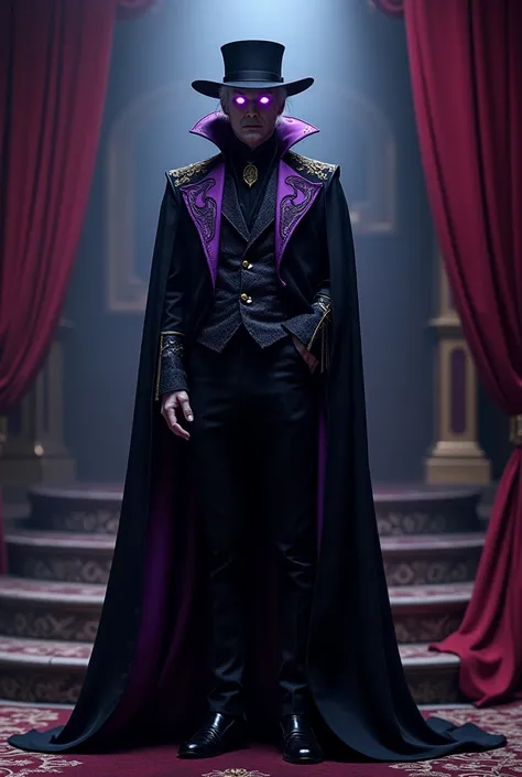 Draw me a tall vampire in an elegant, ornate black and purple outfit. With purple eyes and a hat that covers the vampire's face, but the eyes glow purple. The vampire should stand in a theatrical pose, he has white hair, and behind him is a stage from a th...