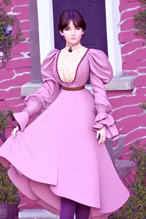 Jessica Lovejoy as a pretty ((10yo brunette)) flirt of the 1890s. Wearing 1890_dr3ss, high-collar pink gown with long puff sleeves, (((knee-length mauve skirt, silk stockings, ankle boots))). Full body. Coquettish smile, (((cherubic face))), seductive glan...