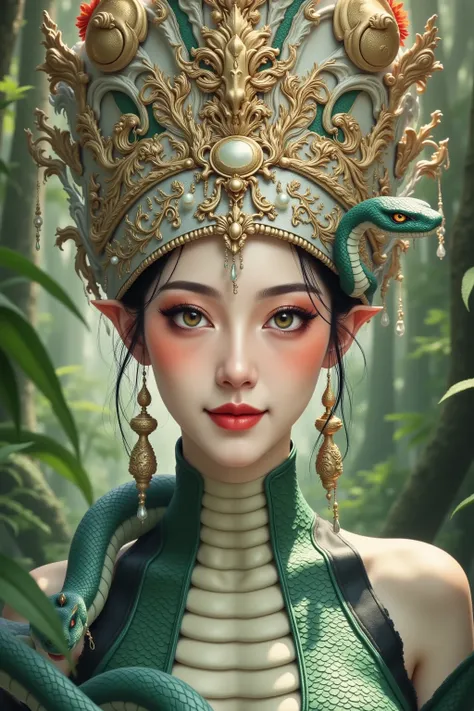 A snake queen in the forest, The Snake Girl Portrait , gorgeous high hat， Art Sprout detailed ,  Extremely Detailed Art Sprout,   Fantasy Art Style, 