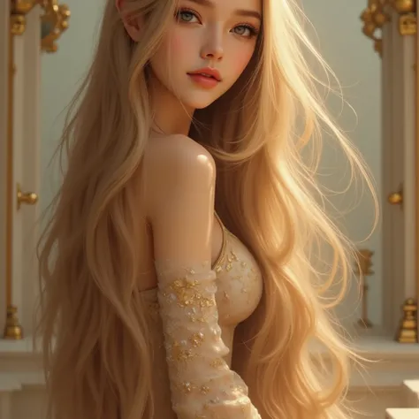 （  top quality of talks 。  highest resolution 。  super realistic photo  。  full body portrait 。） There is a beautiful woman with very long hair  。 More beautiful than a beautiful actress 。  beautiful young woman  。  top model with a shower head in her hand...