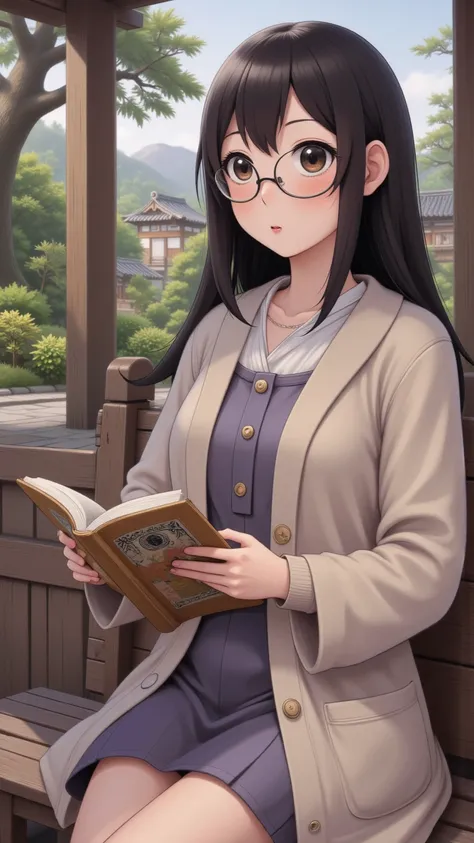 A mousy woman (shy, cute, no makeup, sweater, simple dress, glasses, humble hairstyle, Japanese) is reading a book in a quiet park in Japan, hyper realistic, 8k, HD