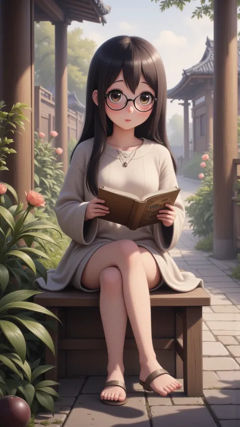 A mousy woman (shy, cute, no makeup, sweater, simple dress, glasses, humble hairstyle, Japanese) is reading a book in a quiet park in Japan, hyper realistic, 8k, HD