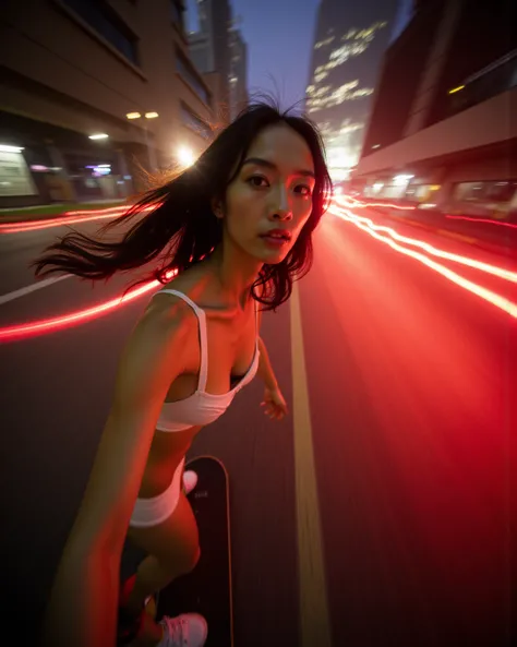 (((Full body view))), (((view from down bellow:1.8))), (((Photorealistic:1.3))), (((extreme motion blur timelapse photography of many glowing red cars passing by))), Cinematic photography of a tall skinny beautiful China sensual supermodel Liu Wen on a ska...