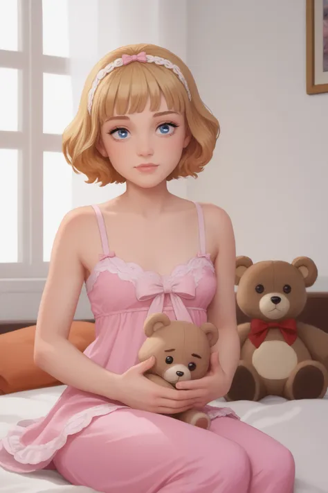 a very young ,cute cheeks Long dress in pink pajamas   、  Full image of a girl holding a teddy bear  ,   blue eyes、 Light pink room in the background  、 short hair, mystery,bow hair,  whole body,bed in the background 、 Blue eyes and  short hair ,quarto fem...