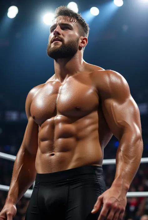 attractive European Man, ericjanicki, Handsome, short brunette hair, 30 years old, beard, standing in a wrestling ring. he is handsome. he is muscular. he is wearing wrestling tights. he is looking at the crowd. he is in pain. he is at center stage at wwe.