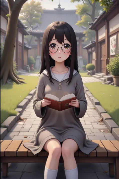 A mousy woman (shy, cute, no makeup, sweater, simple dress, glasses, humble hairstyle, Japanese) is reading a book in a quiet park in Japan, hyper realistic, 8k, HD