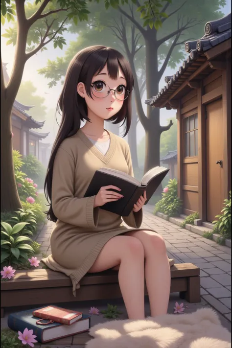 A mousy woman (shy, cute, no makeup, sweater, simple dress, glasses, humble hairstyle, Japanese) is reading a book in a quiet park in Japan, hyper realistic, 8k, HD