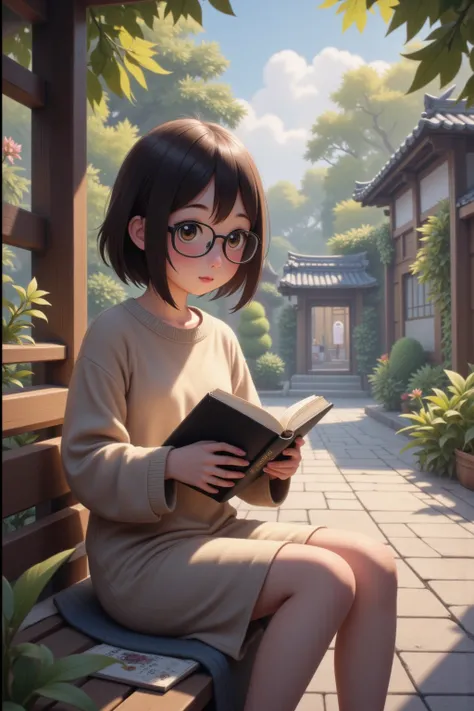 A mousy woman (shy, cute, no makeup, sweater, simple dress, glasses, humble hairstyle, Japanese) is reading a book in a quiet park in Japan, hyper realistic, 8k, HD