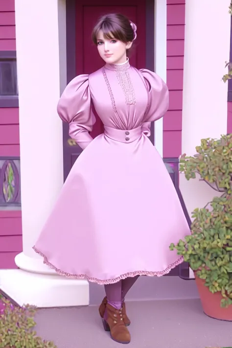 Jessica Lovejoy as a pretty ((10yo brunette)) flirt of the 1890s. Wearing 1890_dr3ss, high-collar pink gown with long puff sleeves, (((knee-length mauve skirt, silk stockings, ankle boots))). Full body. Coquettish smile, (((cherubic face))), seductive glan...