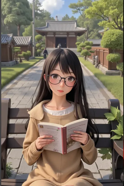 A mousy woman (shy, cute, no makeup, sweater, simple dress, glasses, humble hairstyle, Japanese) is reading a book in a quiet park in Japan, hyper realistic, 8k, HD
