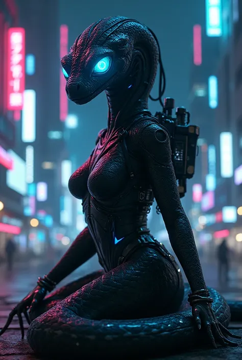 Cybersnake Hacker,
Futuristic,  snake woman with part of her body mechanized ,  scales with digital light flowing through it ,  blue hologram eyes , Night view of a neon city 