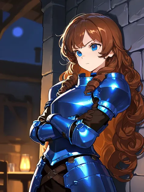 1girl, knight, cobalt blue armor, no helmet, brown hair, curly hair, determined expression, tavern, night time, straight face, leaning back against wall, High Resolution, Very Long Hair, Blue eyes, arms crossed, Best Quality, High Details, 