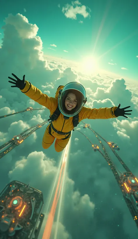 A woman skydiving through the vibrant, surreal skies of futuristic Uranus, surrounded by glowing aquamarine and turquoise clouds. She wears a sleek, high-tech yellow spacesuit, her helmet reflecting the soft glow of Uranus's faint rings and distant moons. ...