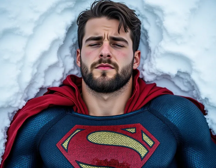 attractive European Man, ericjanicki, Handsome, short brunette hair, 30 years old, beard, dressed in a torn Superman costume, yellow belt, with his head tilted slightly upward and his eyes closed, He lies in the snow, with an expression of pain, with blood...