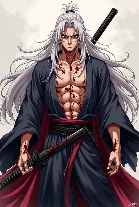 An angry looking male anime character with a very long silver white hair tainted with blood, looking in his 19 or 20 years of age, about 1.82 meters tall wearing a long traditional Japanese clothing looking like a robe with a narrow opening showing his che...