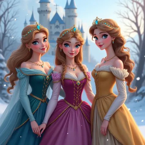 Three beautiful princesses are dressed in historical attire, Castle in the background, high fantasy, snow