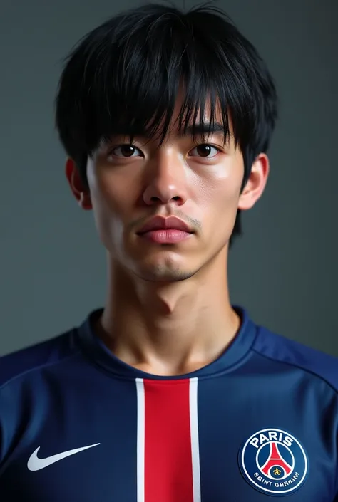 Create a white man with straight black hair and black eyes wearing the PSG uniform
