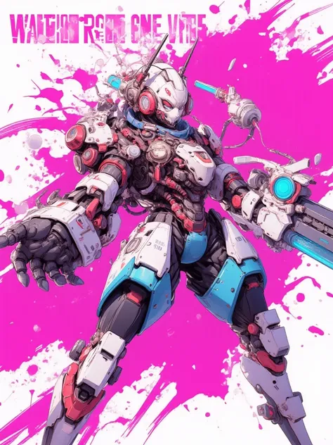 Warriors One Series - CNE Choc Mecha, dynamic anime-style illustration of a futuristic humanoid robot in action. The mecha stands in a dynamic pose (one leg forward, torso twisted, holding a large futuristic energy weapon in its right hand). Design feature...