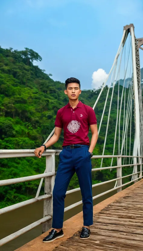 An Asian man, 25, wears a blue polo shirt with a white print and a graphic print.,"Butapuang 90s ", Standing on a bridge with a view of the bridge , Thawan Duchanee, connected with hanging bridge!!, Nivana Chandra, in style of Thawan Duchanee,  Forest back...