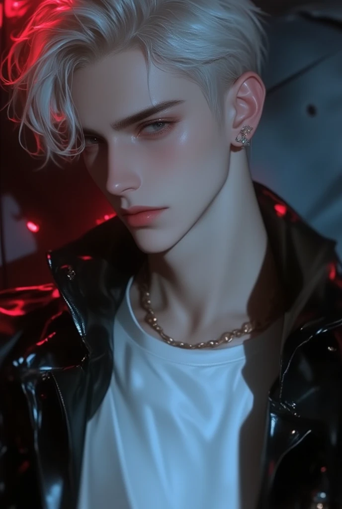 man. white cotton tee and leather jacket. Bleached hair. black eyes. best quality,  close-up, Background blur,  side view,  handsome