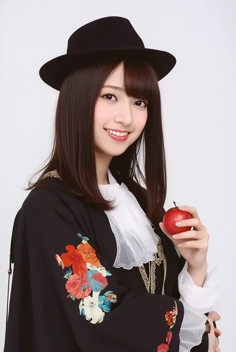  girl, long black hair，Black Queen ， accessory ，Apple in hand ，Poisoned Apple， Witch Queen，Red lipstick，The whole body is reflected from a distance、 posing