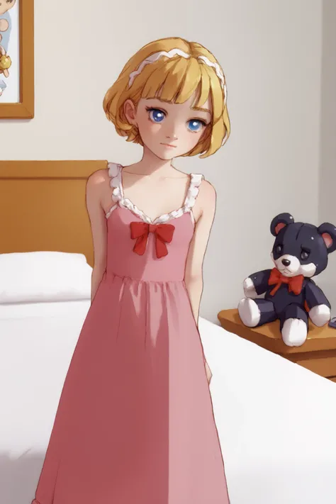 a very young ,cute cheeks Long dress in pink pajamas   、  Full image of a girl holding a teddy bear  ,   blue eyes、 Light pink room in the background  、 short hair, mystery,bow hair,  whole body,bed in the background 、 Blue eyes and  short hair ,quarto fem...