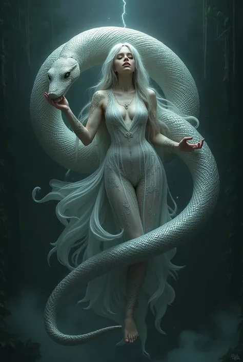 Snake Woman,Shrine Maiden of Ouroboros,
 mysterious in another dimension,  body holding her own tail, Floating,  Silver Scales Shining in the Dark , Symbol of Eternity 