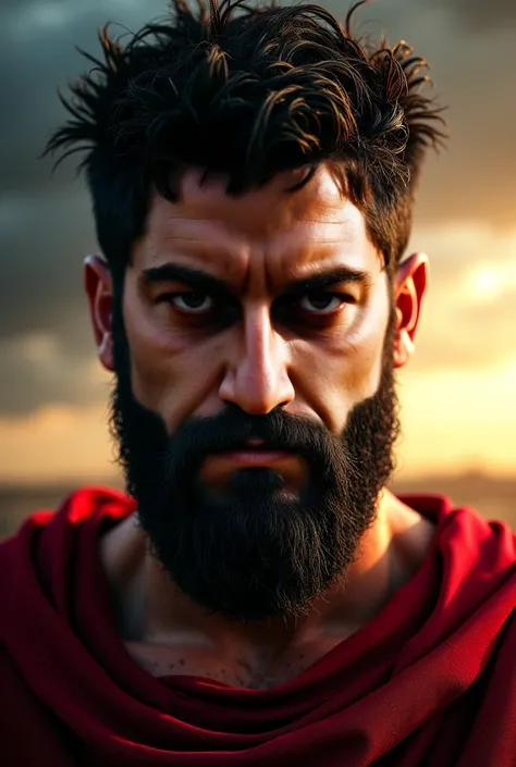 A hyper-realistic, ultra-detailed frontal portrait of King Leonidas of Sparta. His face is fierce and determined, with a strong jawline, thick black beard, piercing eyes full of intensity, and battle-worn scars across his skin. His expression exudes power,...