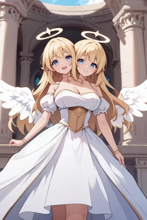 2heads, a tall thin woman and loli with 2 heads, angel, halo, angel wings, long hair, medium hair, blonde hair, grinning. dress, She is inside a temple. large breasts.