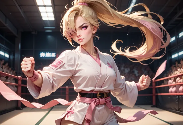 blonde hair, hair over one eye, long hair, high ponytail, white gi, pink martial belt, pink eye, solo