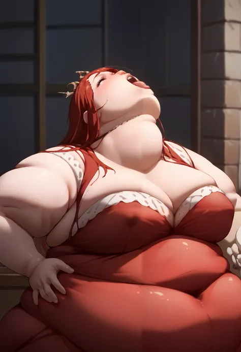 score_9, score_8 up, score_7 up, score_6 up, source_anime, anime_coloring,red dress, throat bulge, large breasts, fat, chubby, obese