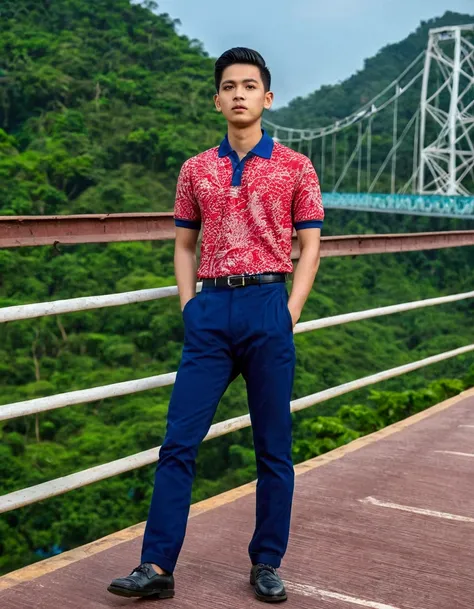 An Asian man, 25, wears a blue polo shirt with a white print and a graphic print.,"Butapuang 90s ", Standing on a bridge with a view of the bridge , Thawan Duchanee, connected with hanging bridge!!, Nivana Chandra, in style of Thawan Duchanee,  Forest back...