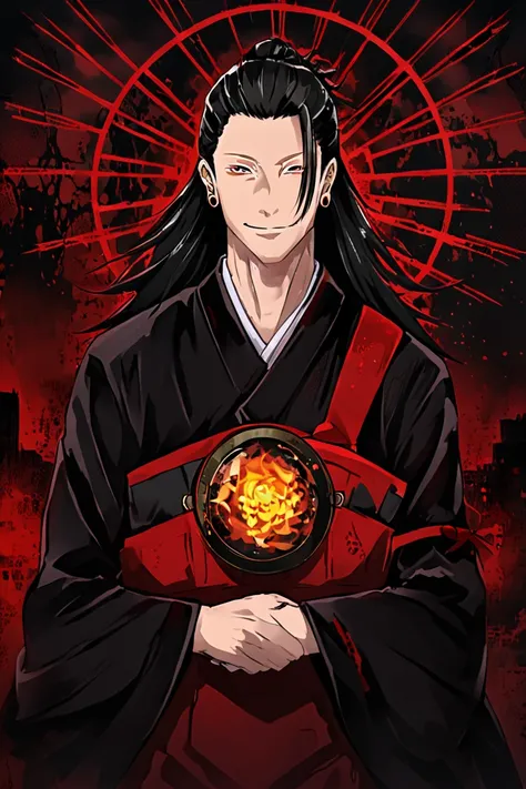 suguru geto,  ear piercing ,  long sleeves, 1boy ,  focus men's,  long hair, Black tunic, anime jujutsu kaisen,   black eyes, elegant expression,  dark environment, obscure religious center ,  vibrant colors red and black, intricate red details ,  soft smi...