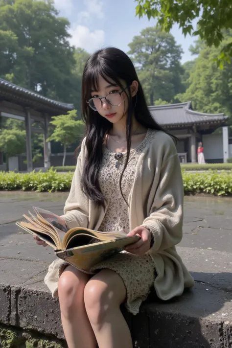 A mousy woman (shy, cute, no makeup, sweater, simple dress, glasses, humble hairstyle, Japanese) is reading a book in a quiet park in Japan, hyper realistic, 8k, HD
