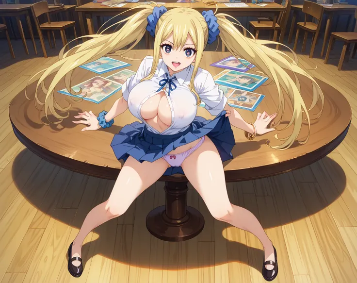 a beautiful girl ,lucy heartfilia ,detailed pruple eyes,((big breasts:1.3)), twin tails hair,multicolored hair,blonde  hair with purple tips, scrunchie, Lipstick, gal, Gal, Compensate,break skirt, shirt, jewelry, school uniform,  clavicle , white shirt,(un...