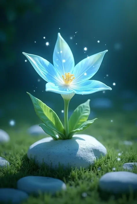 A light blue glowing flower with white stars on it with starshaped green leaves on a white rock. In the background is grass and rocks