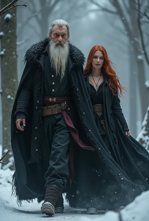 wizard men in his 30s, white hair,white long beard,  with his young seductive redblond female apprentice, Walking Together,  winter, flames in brown eyes,  black cloak, confident face, delicate detail. ultra details. highly detailed characters, dark atmosp...