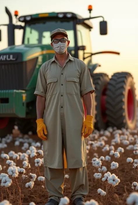 Pakistani Farmer standing with his Farming Truck in cotton field wearing Farming safety equipment i-e (Gloves, Mask, shoes, Farming Dress, Goggles, Suncap) should look realistic 4k. Should be wearing every safety farming equipment. 