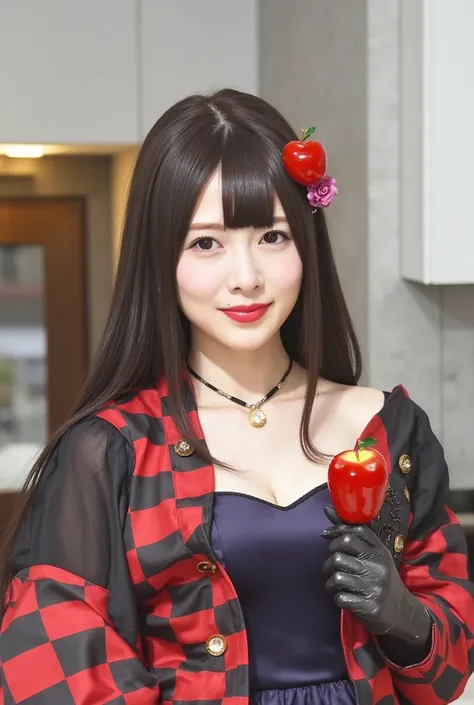  girl, long black hair，Black Queen ， accessory ，Apple in hand ，Poisoned Apple， Witch Queen，Red lipstick，The whole body is reflected from a distance、 posing，Her breasts are about to spill out of her clothes